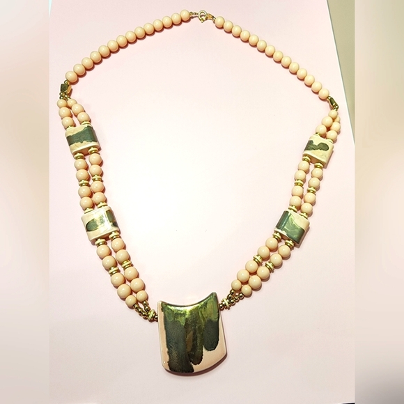 Japan Jewelry - Vintage Japan Ceramic Pendant with Lucite Beads